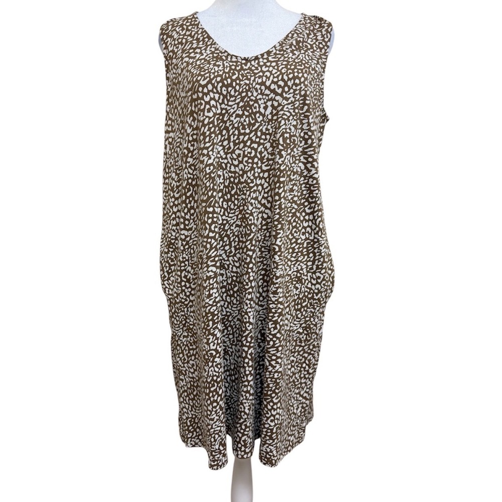 J. Jill Wearever Brown Animal Print V-Neck Sleeveless Shift Dress Pockets S